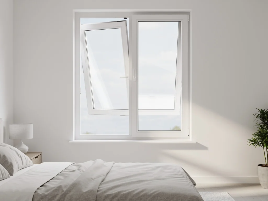 Fenêtre PVC oscillo-battante entrouverte dans une chambre claire