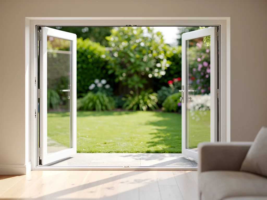 Porte-fenêtre PVC coulissante ouverte sur un jardin