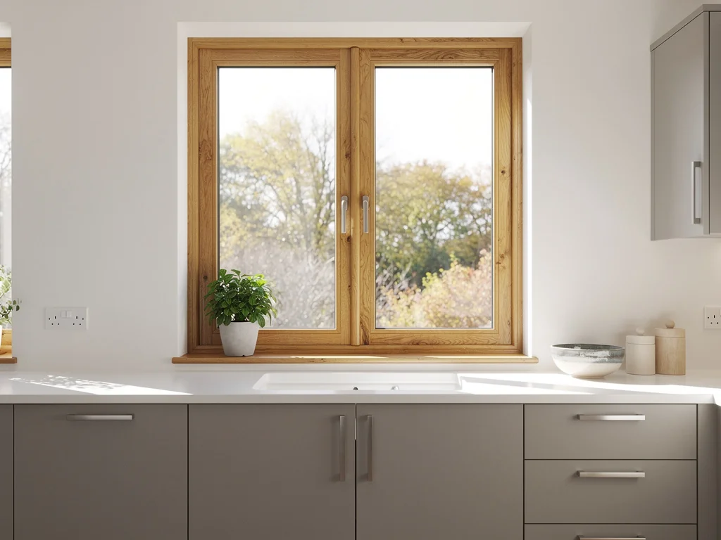 Fenêtre PVC finition ton bois installée dans une cuisine contemporaine